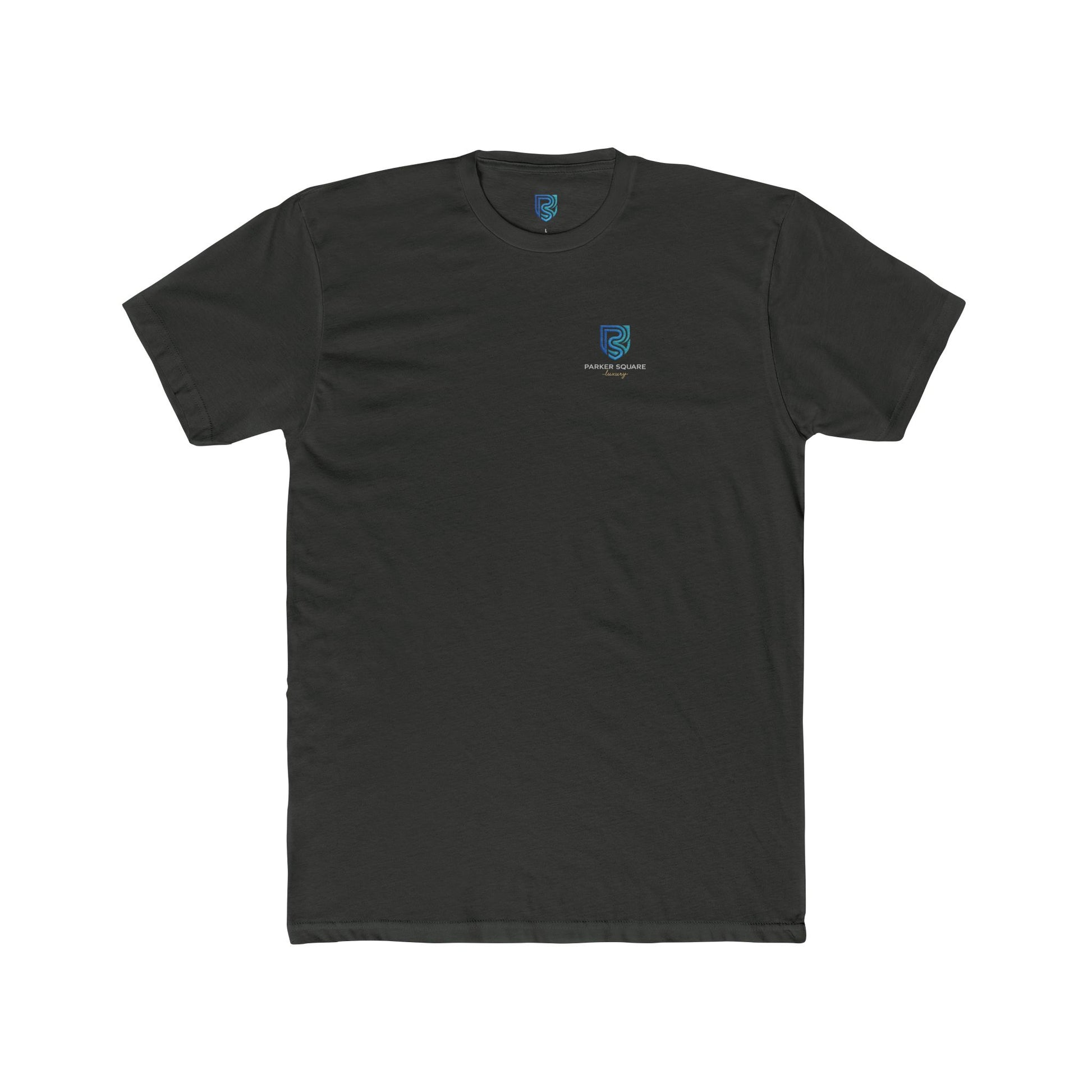 Black t-shirt with a small logo on a white background