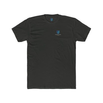 Black t-shirt with a small logo on a white background