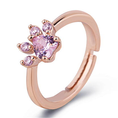 Cat Motif Crystal Adjustable Ring | Copper Open-End Ring in Rose Gold & White Gold