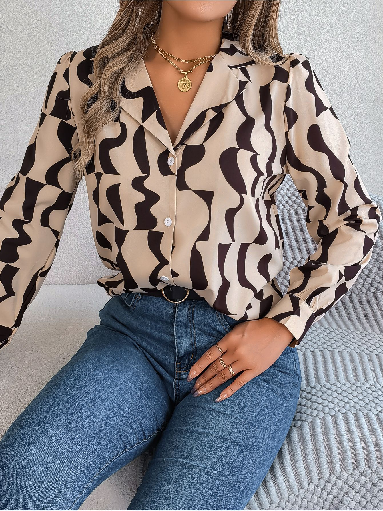 Women's Colour Block Long Sleeve Shirt | Notched Lapel