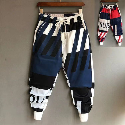 Men's Colour Block Slim-Fit Ankle Trousers | Red & Blue | M-4XL