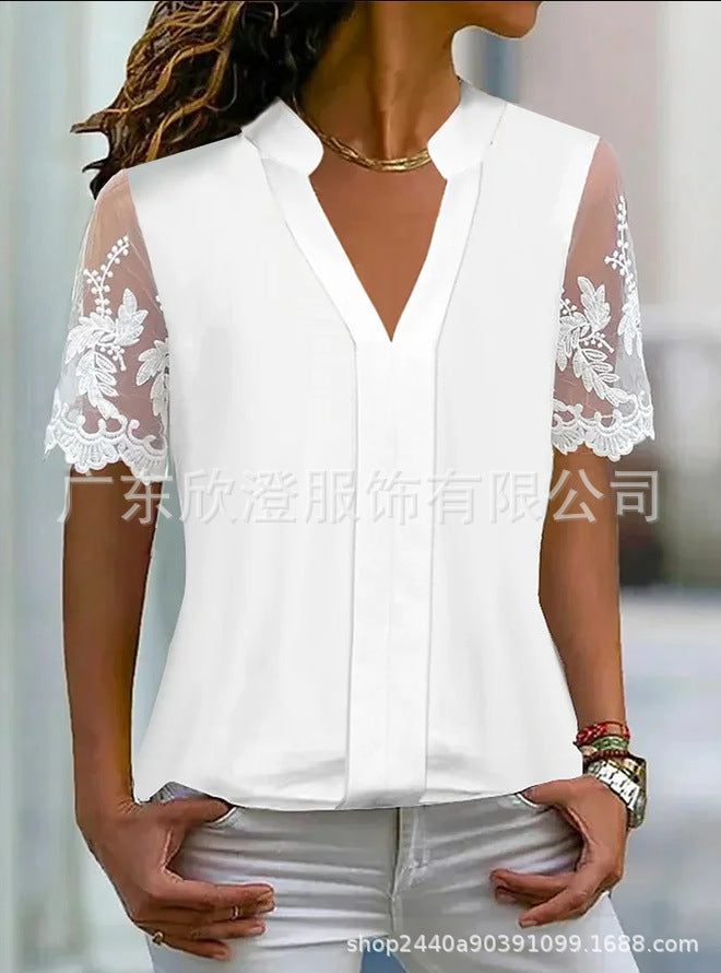 Women's White V-Neck Lace Short-Sleeve Top - Loose Elegant Fit
