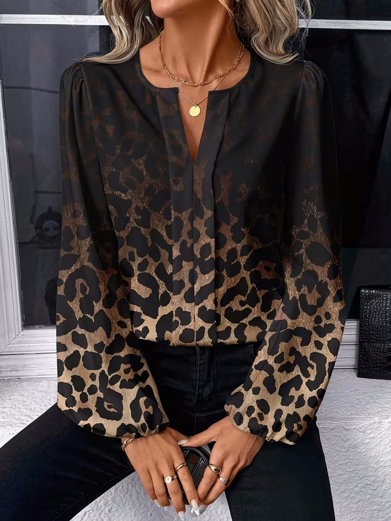 Women's Printed Puff-Sleeve V-Neck Blouse