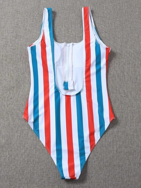 Women's Striped Zipper One-Piece Swimsuit – Neon Green | Sizes S–XL