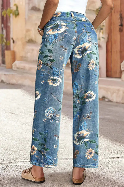 Women's High-Waist Straight-Leg Floral Print Jeans - Light & Dark Blue