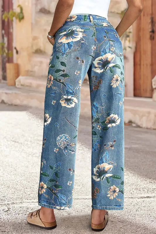 Women's High-Waist Straight-Leg Floral Print Jeans - Light & Dark Blue