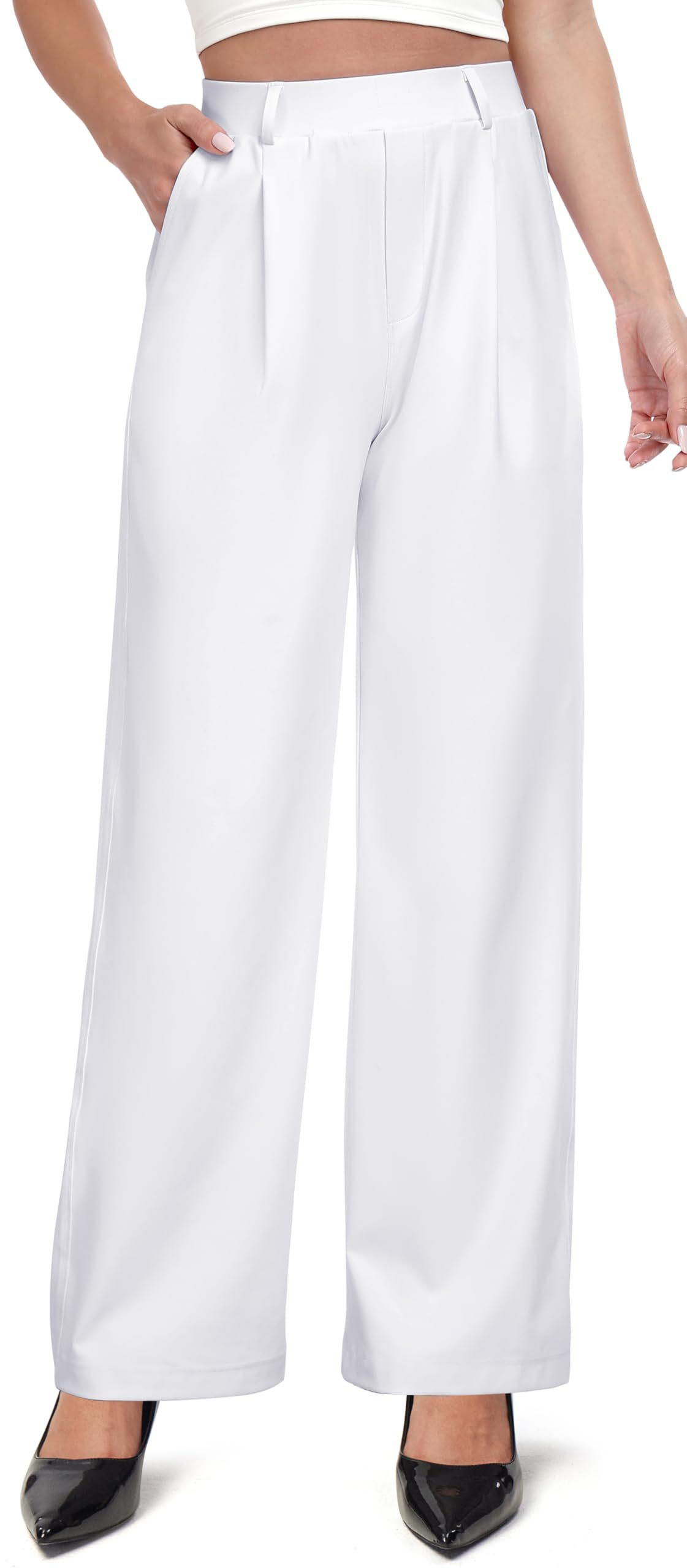 Women's High Waist Wide-Leg Work Trousers - Nylon Blend