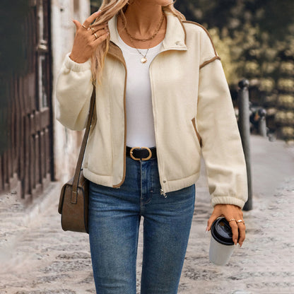 Women's Fleece Contrast-Trim Cardigan Jacket – Apricot