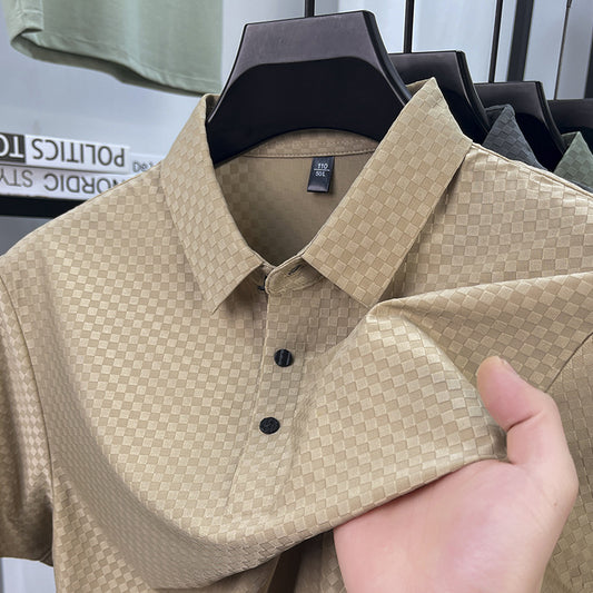 Men's Jacquard Plaid Ice Silk T-Shirt | Lapel Collar | M–4XL