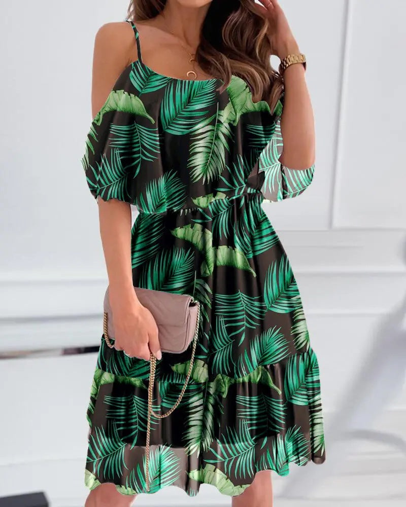 Women's Floral Print Ruffle Dress | Off-Shoulder Summer Midi
