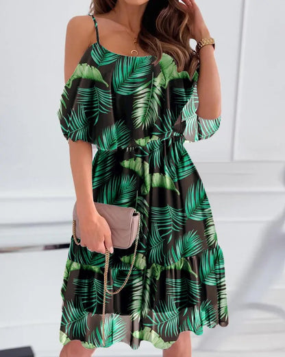 Women's Floral Print Ruffle Dress | Off-Shoulder Summer Midi