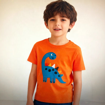 Kids Dinosaur Embroidery Cotton T-Shirt | Short Sleeve