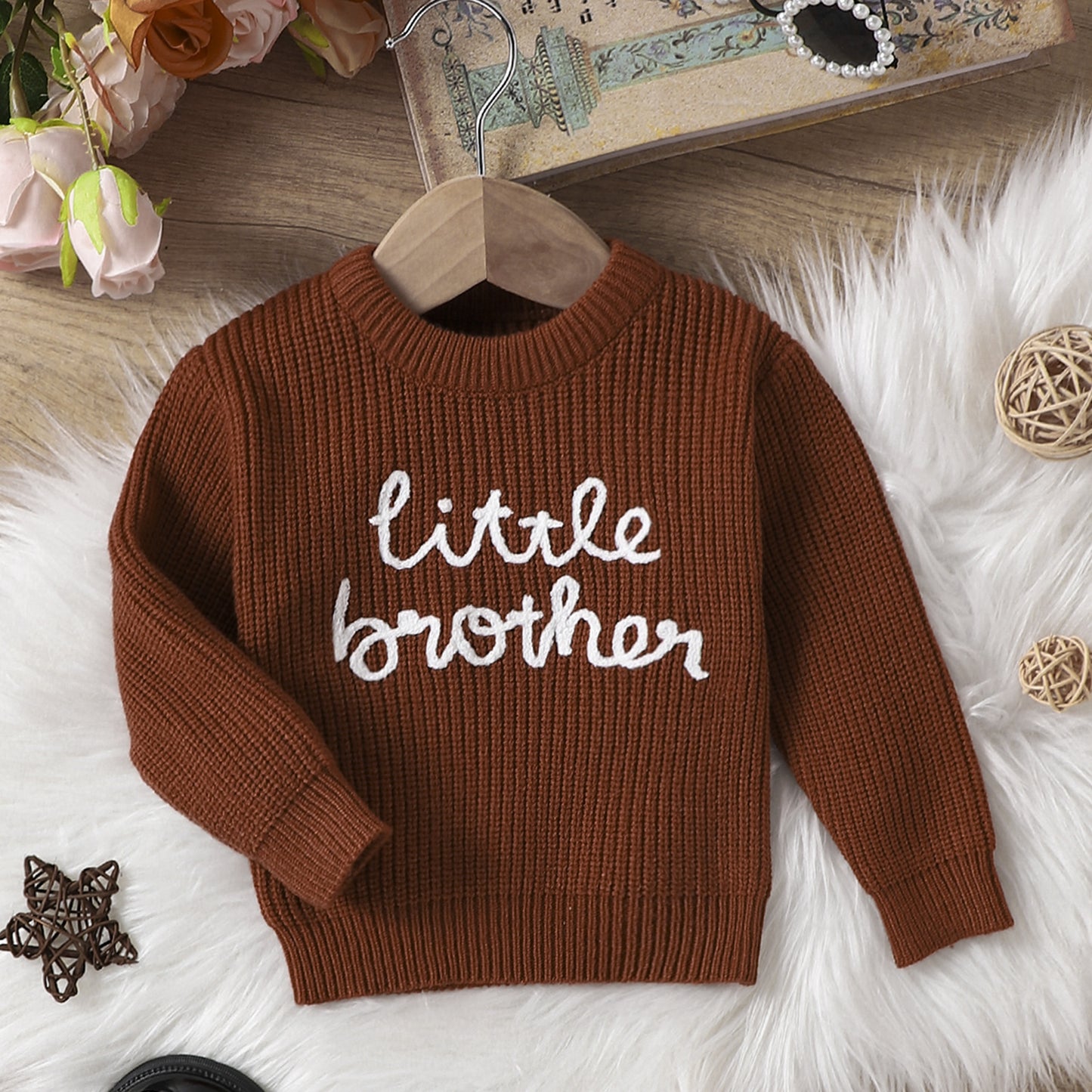 Baby Letter Embroidered Pullover Sweater | White & Brown | Age 0-24 Months