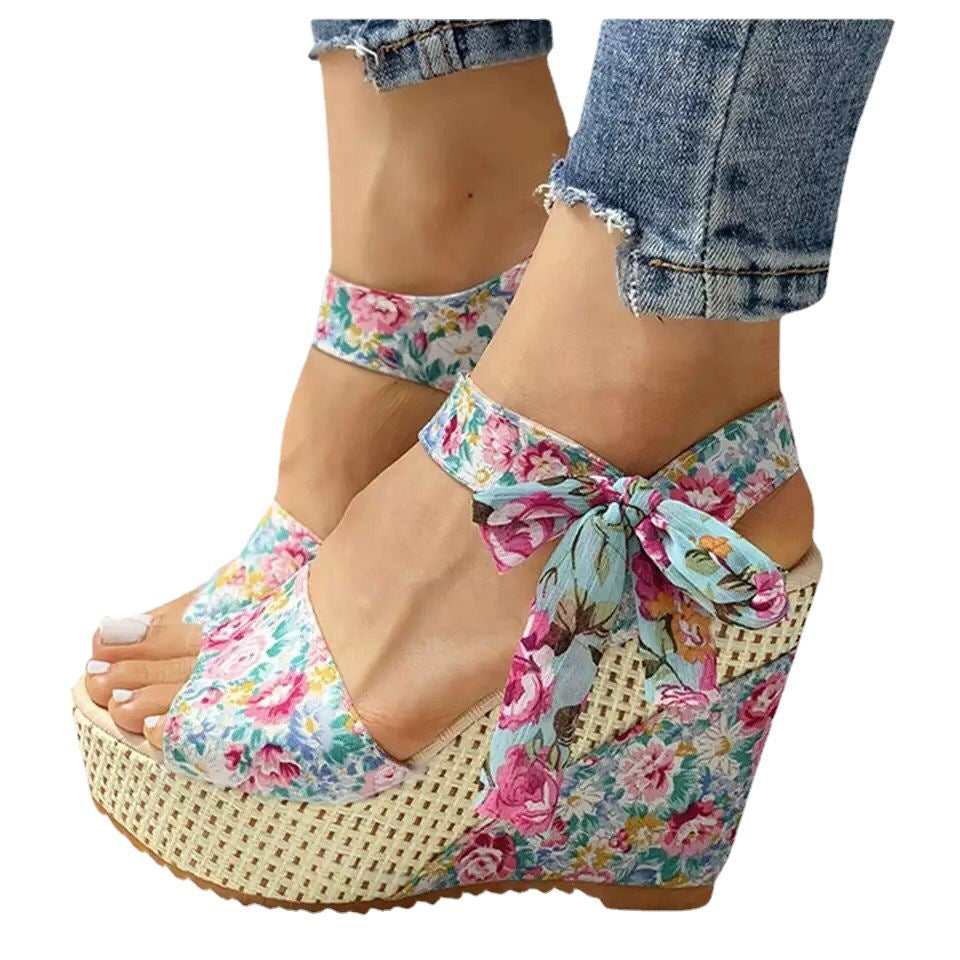 Women's Floral Print Wedge Sandals | Ribbon Tie | EU 35–40