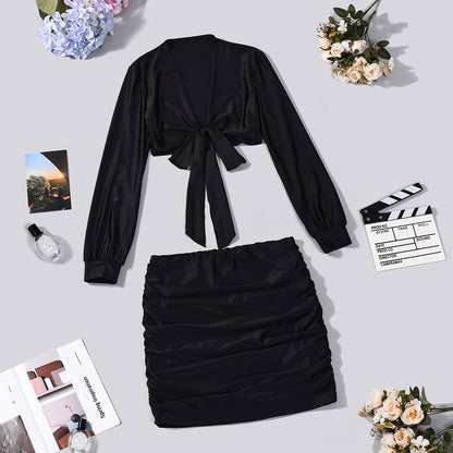 Women's Long-Sleeve Top & Mini Sheath Skirt Two-Piece Set