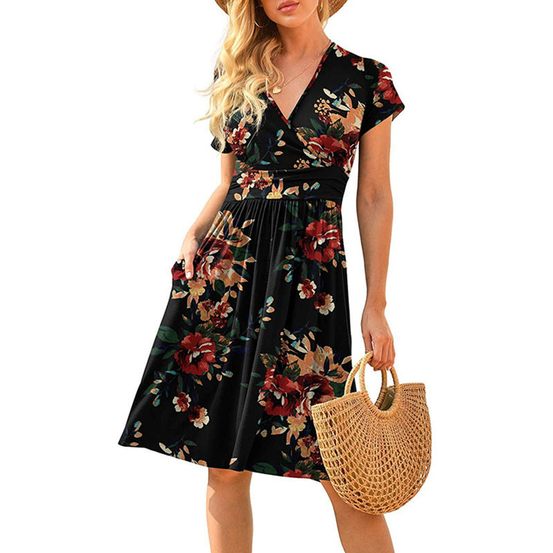 Women's Printed Midi Dress – High Waist, V-Neck & Pocket | S–3XL