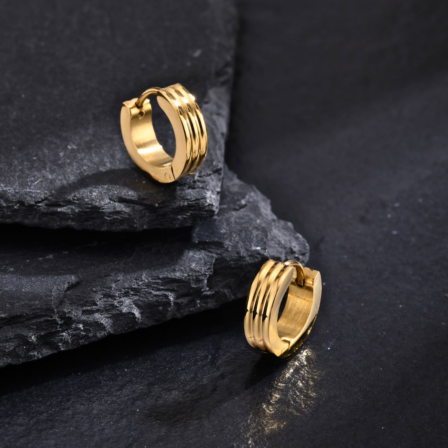Men's Stainless Steel Triple Ring Earring | Black, Gold & Steel
