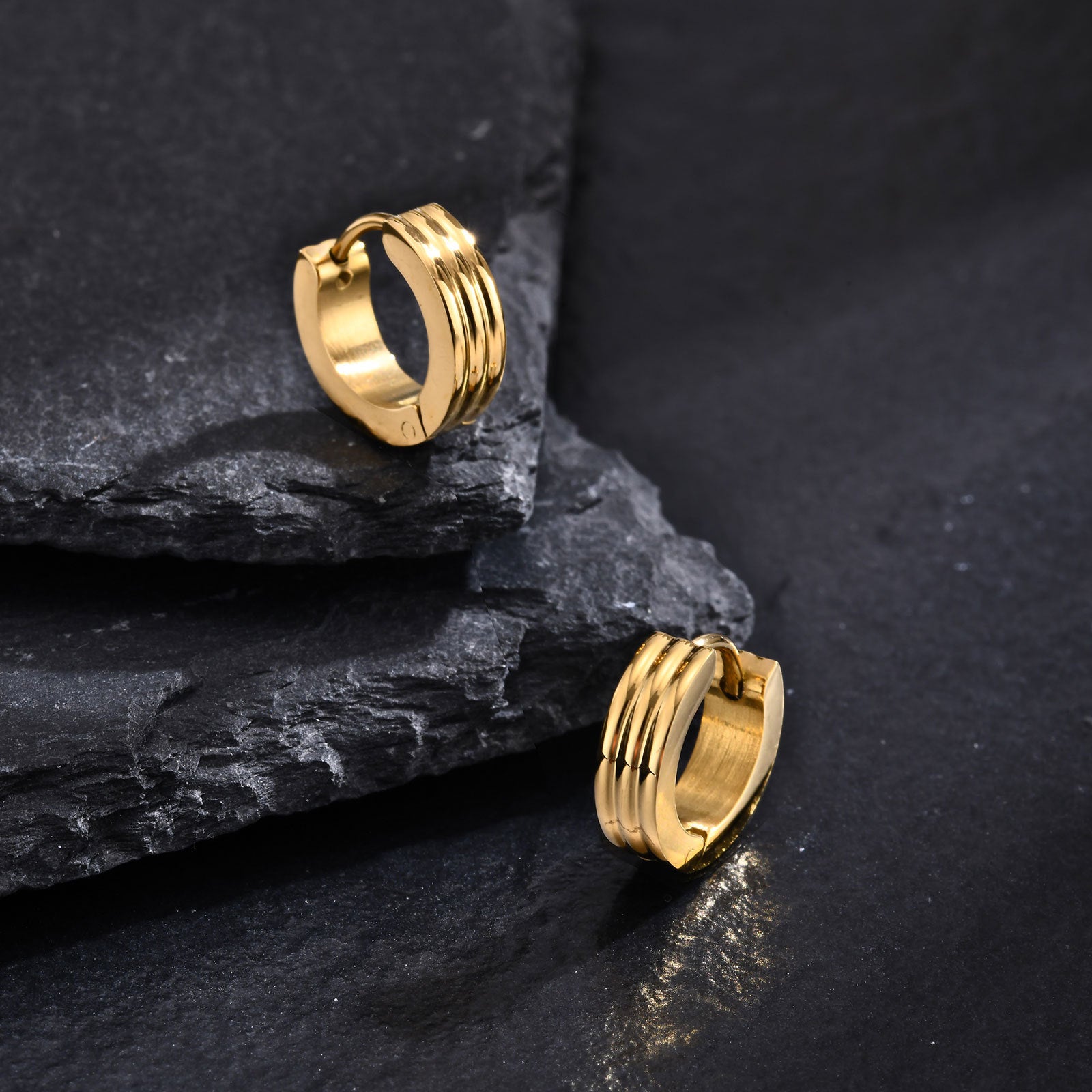 Men's Stainless Steel Triple Ring Earring | Black, Gold & Steel