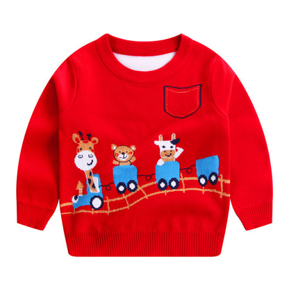 Boys Fawn Cartoon Double-Layer Cotton Knit Sweater | Kids Knitwear