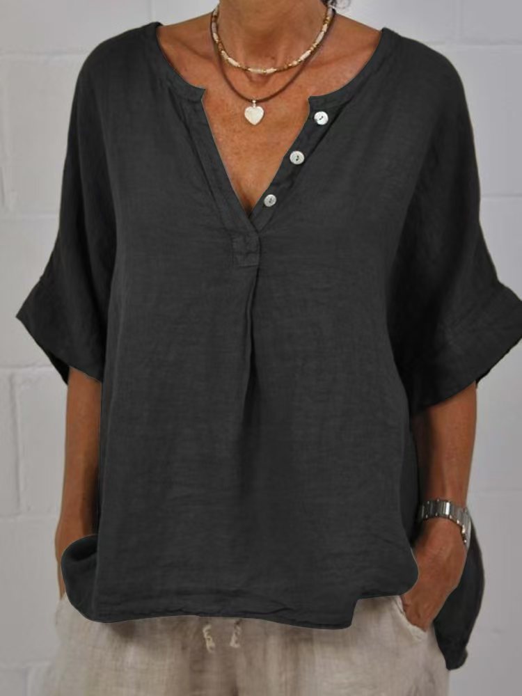 Women's Cotton-Linen V-Neck Button-Up Shirt | Relaxed Fit Casual Top