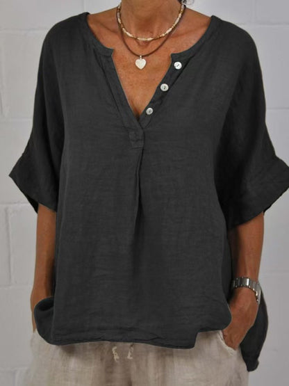 Women's Cotton-Linen V-Neck Button-Up Shirt | Relaxed Fit Casual Top