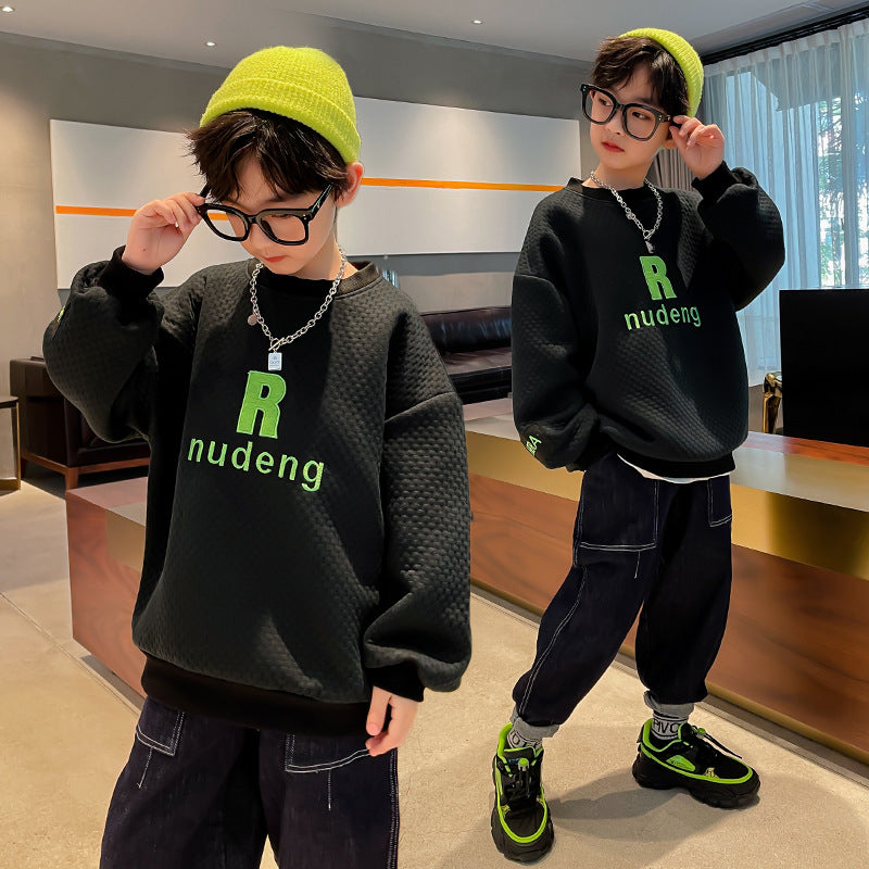 Boys Letter Print Waffle Pullover Sweatshirt | Long Sleeve Kids Top