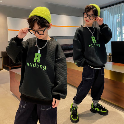 Boys Letter Print Waffle Pullover Sweatshirt | Long Sleeve Kids Top