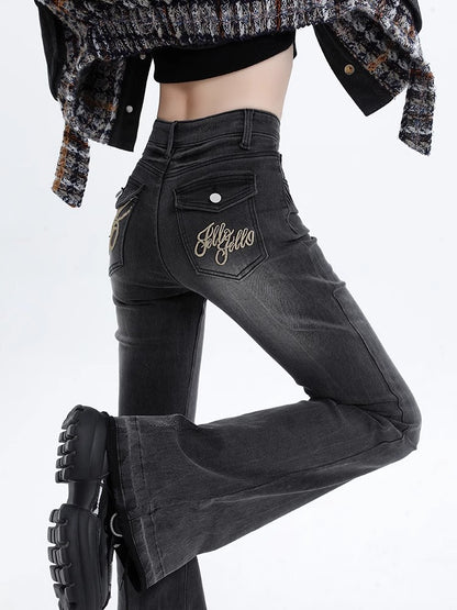 Women's Vintage High-Waist Flared Jeans with Embroidery - S-2XL