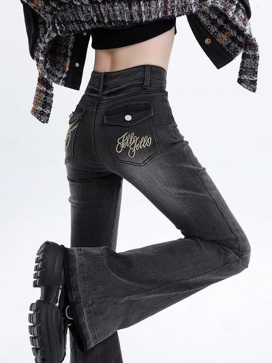 Women's Vintage High-Waist Flared Jeans with Embroidery - S-2XL