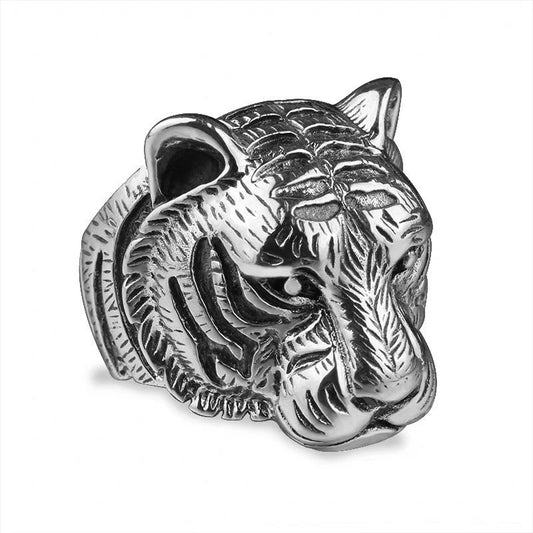 Men's Silver Zodiac Tiger Ring – Retro Aggressive Personality Adjustable Band