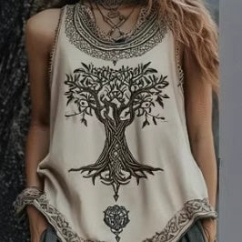 Women's Digital Print Pleated Crew-Neck Tank Top