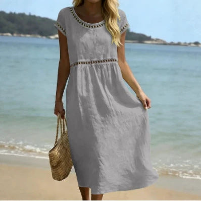 Women's Cotton-Linen A-Line Dress with Embroidered Lace Trim