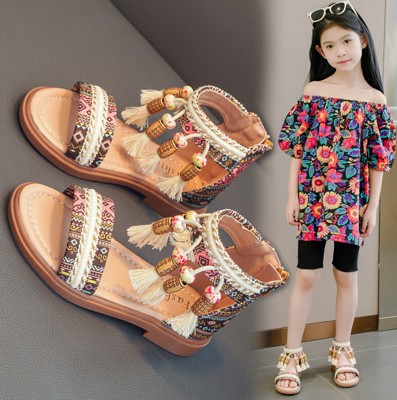 Girls' Retro Beaded Roman Sandals – Ethnic Style Kids Sandals