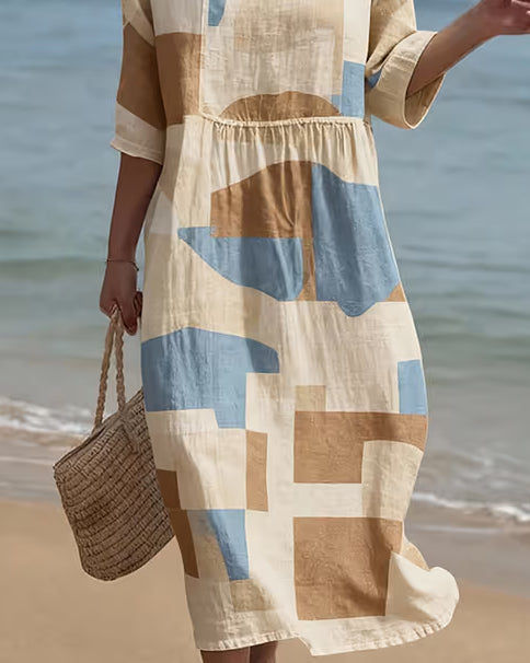 Women's Casual Round Neck Mid Sleeve Printed Dress | Beige