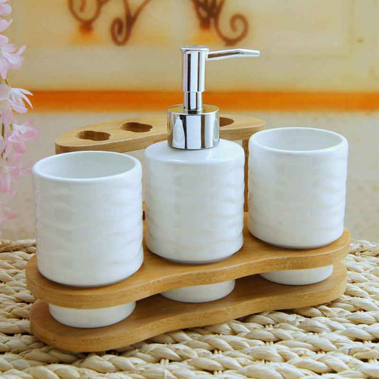 Wooden Frame Bathroom Accessories Set – 5-Piece Bath Organiser