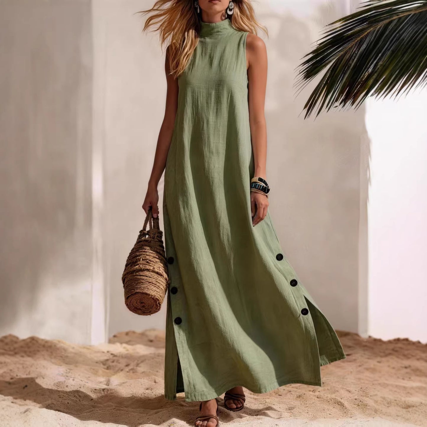 Women's Sleeveless Cotton Linen Midi Dress with Side Slits