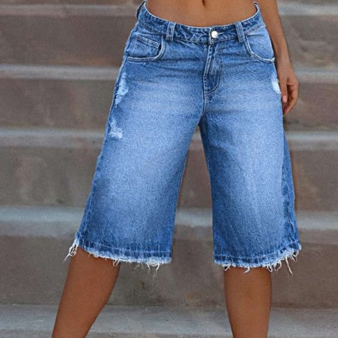 Women's Ripped Raw-Edge Denim Shorts - Blue, S-2XL
