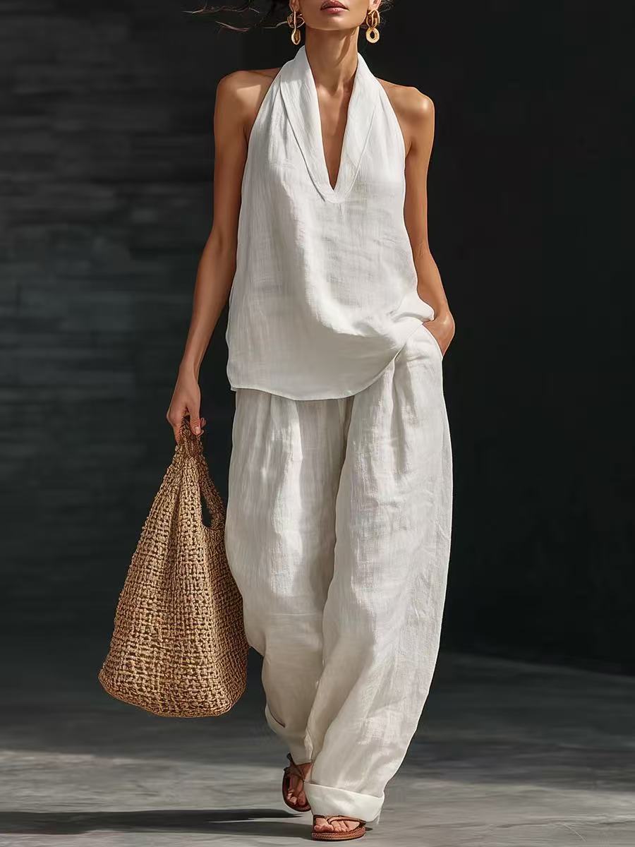 Women's Sleeveless Vest & Wide-Leg Trousers Two-Piece Set