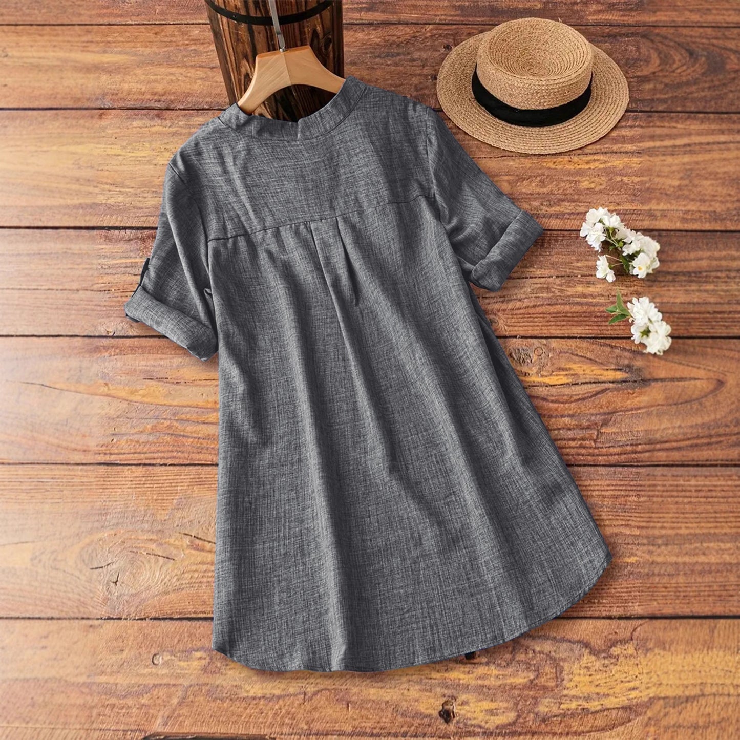 Women's V-Neck Button-Down Loose Shirt | Casual Polyester Pullover Blouse