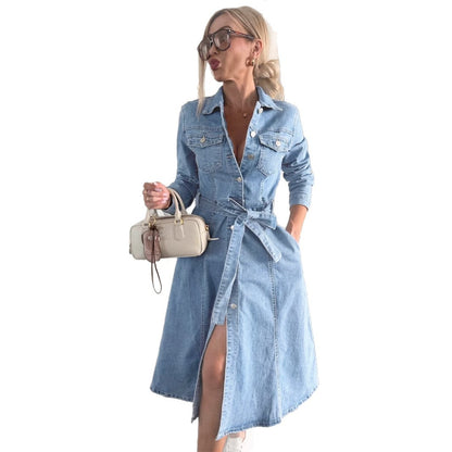 Women's Long Sleeve Washed Denim Shirt Dress | A-Line | S-3XL