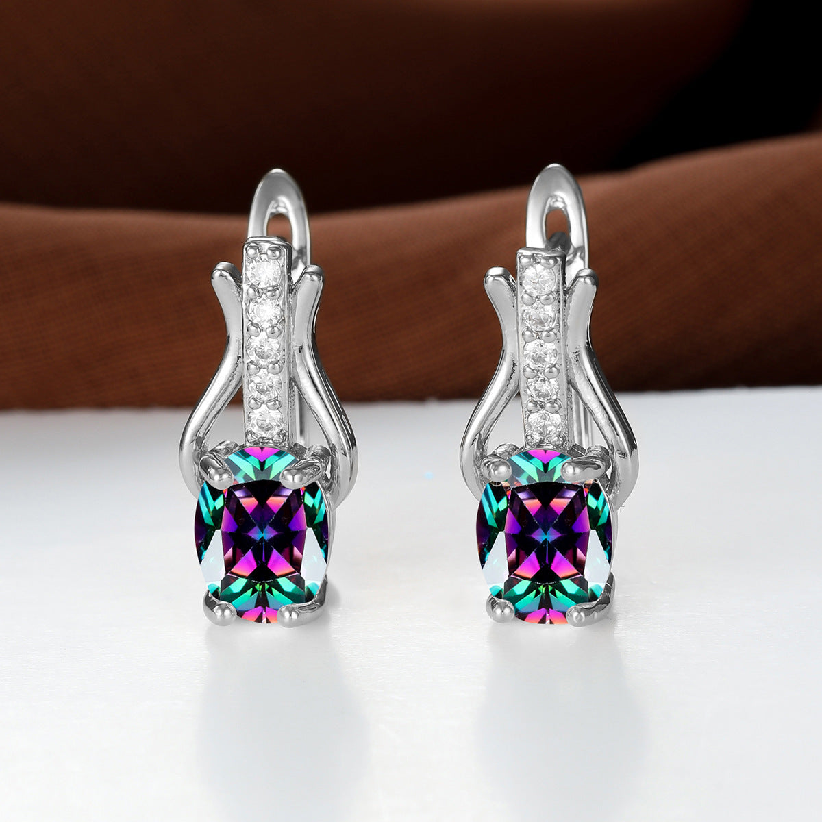Oval Crystal Ear Clips | Champagne Gold & Platinum Copper Earrings for Women