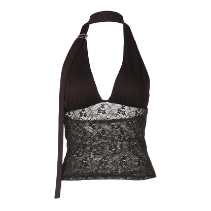 Women's Lace-Spliced Deep V-Neck Halter Top | A-Line Crop Cami