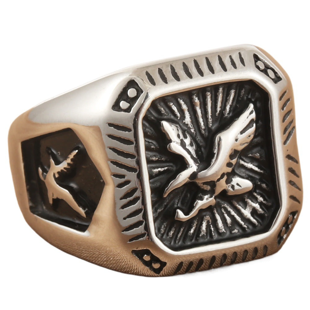 Men's Titanium Steel Eagle Ring | Polished Punk Band Ring in Silver & Gold