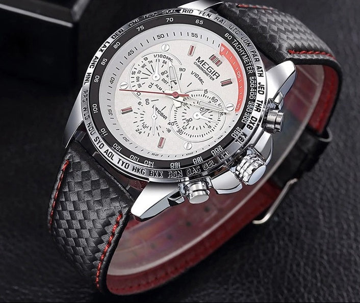 Men's Leather Strap Quartz Watch | 43mm, 3 ATM Water Resistant