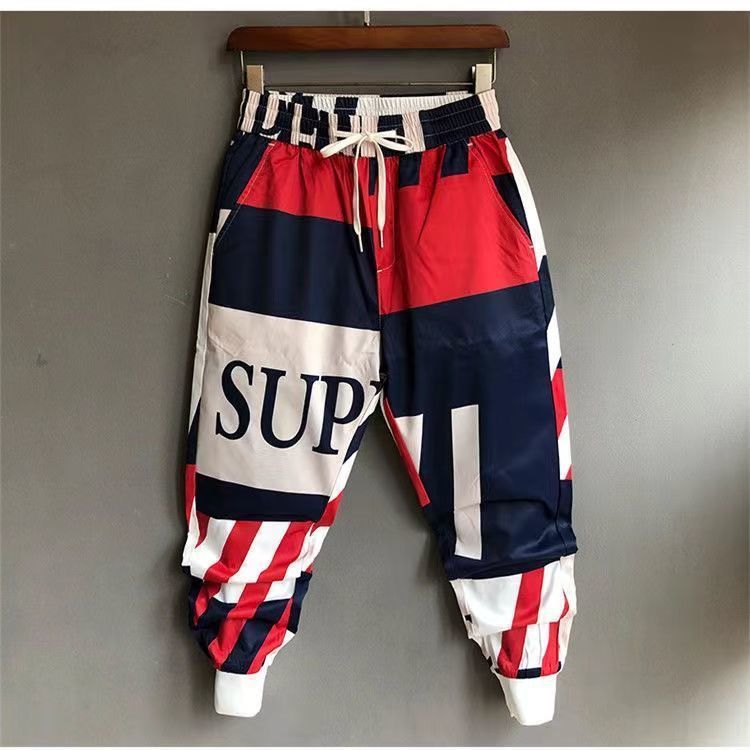 Men's Colour Block Slim-Fit Ankle Trousers | Red & Blue | M-4XL