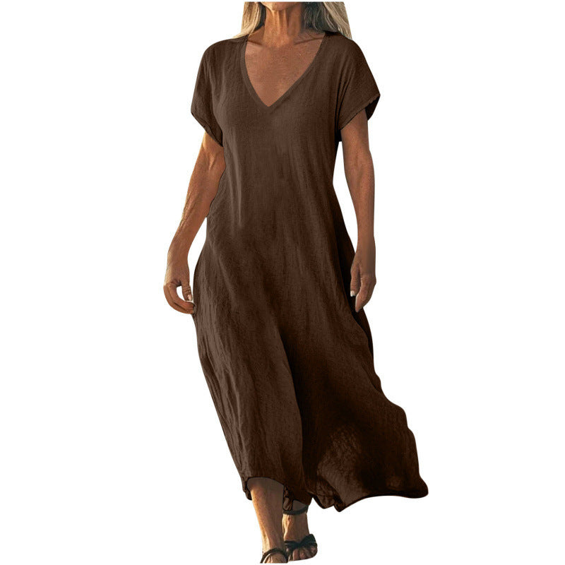 Women's Cotton Linen V-Neck Midi Dress