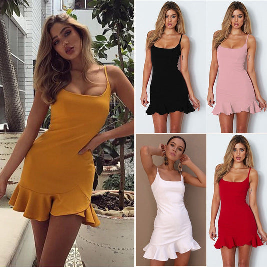 Women's Ruffle Trumpet Mini Dress | Spaghetti Strap Slim Party Dress