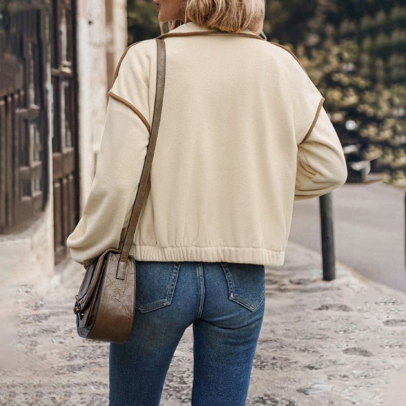 Women's Fleece Contrast-Trim Cardigan Jacket – Apricot