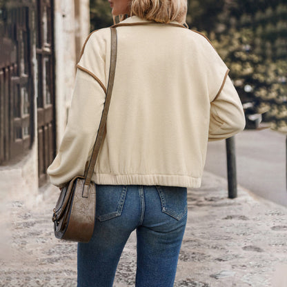 Women's Fleece Contrast-Trim Cardigan Jacket – Apricot