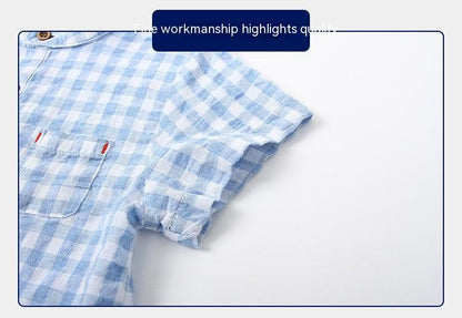 Boys' Cotton Plaid Short Sleeve Shirt | Blue & Grey Check